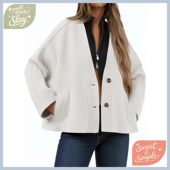 Jackets & Blazers - Cropped Wool Blend Pea Coat V-Neck Button Down Short Jacket Chic Casual